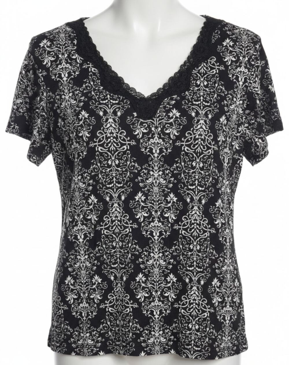 Adonna Shirt Womens Size L Black Beige Lace Trim Short Sleeve Modal Y2K Boho